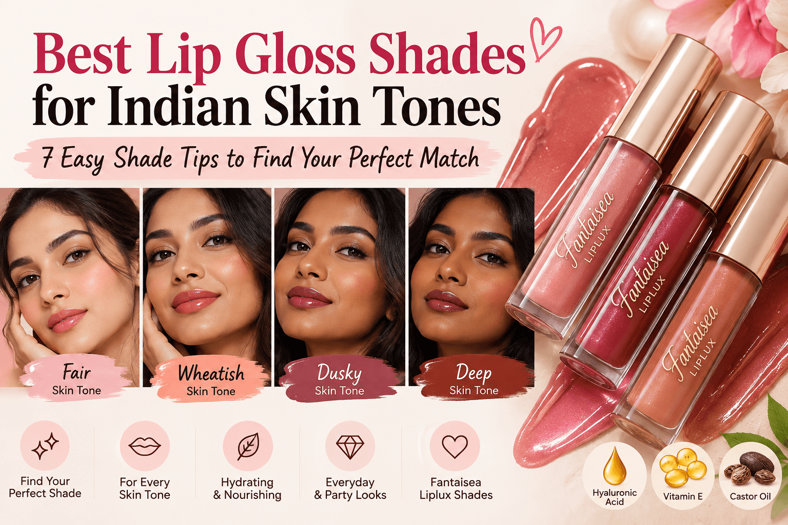 Best lip gloss shades for Indian skin tones showing fair, wheatish, dusky and deep skin tones with Fantaisea Liplux gloss shades
