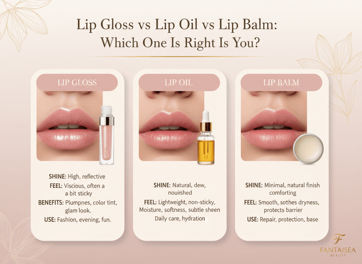 Lip gloss vs lip oil vs lip balm comparison guide for Fantaisea Beauty